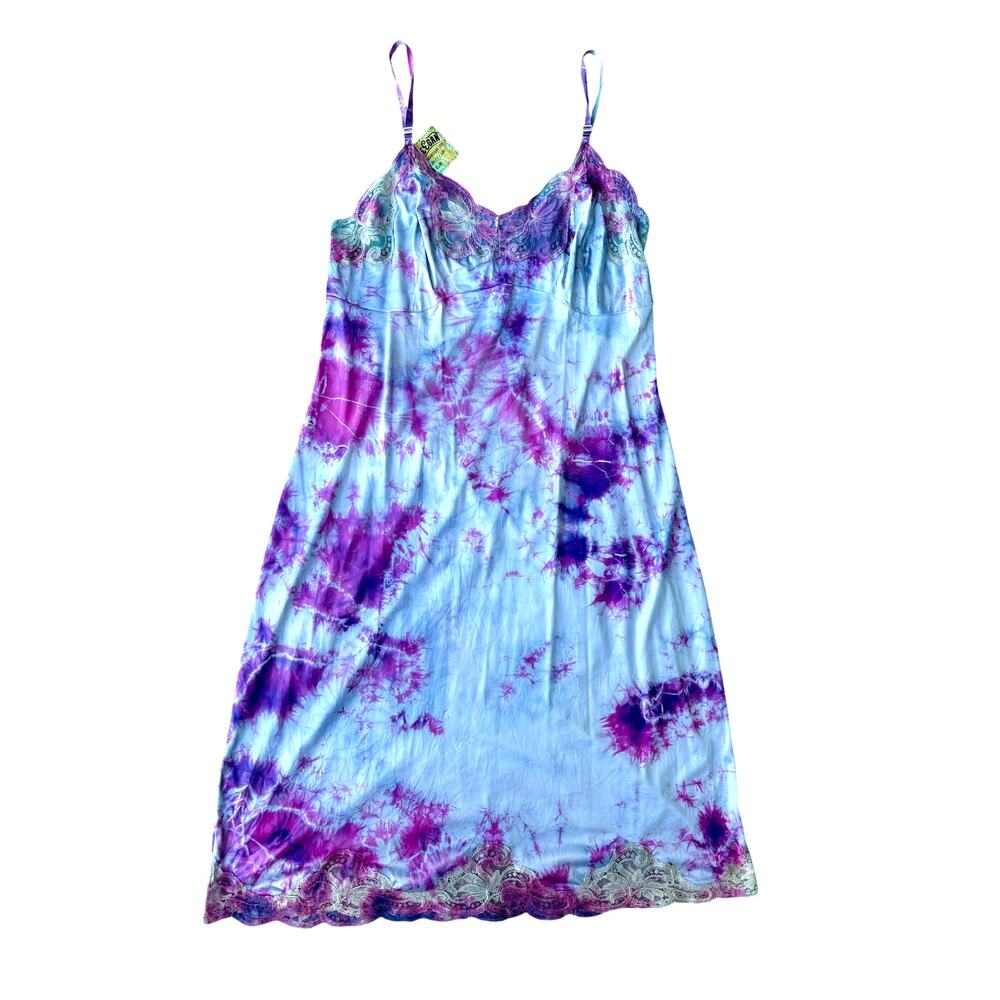Hand Dyed Vintage Purple Blue Tie Dye Slip Dress Nylon Reworked Dress Loungewear